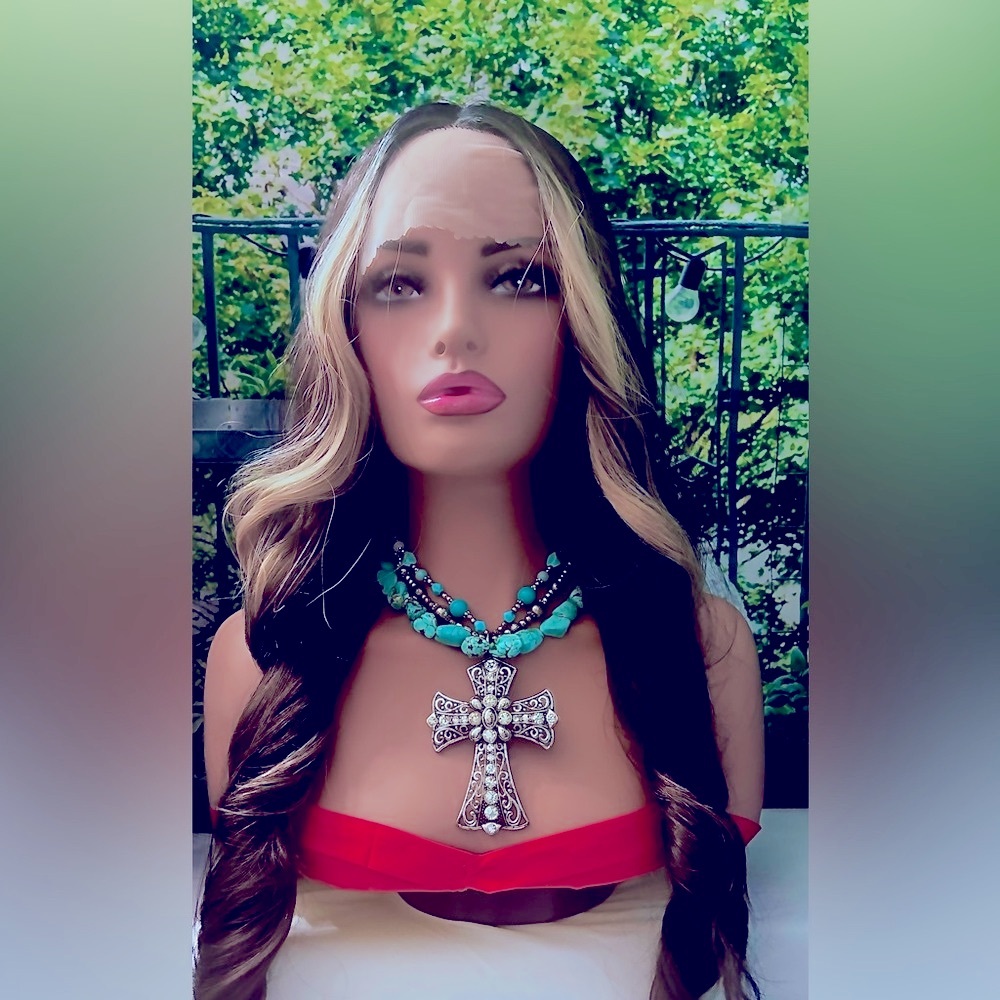 Brown and Blonde Highlights Long Curly Lace Front Blend Wig